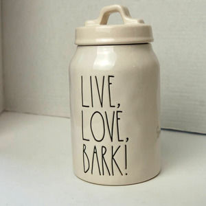 Rae Dunn Dog Treat Canister with Lid. Live, Love, Bark!